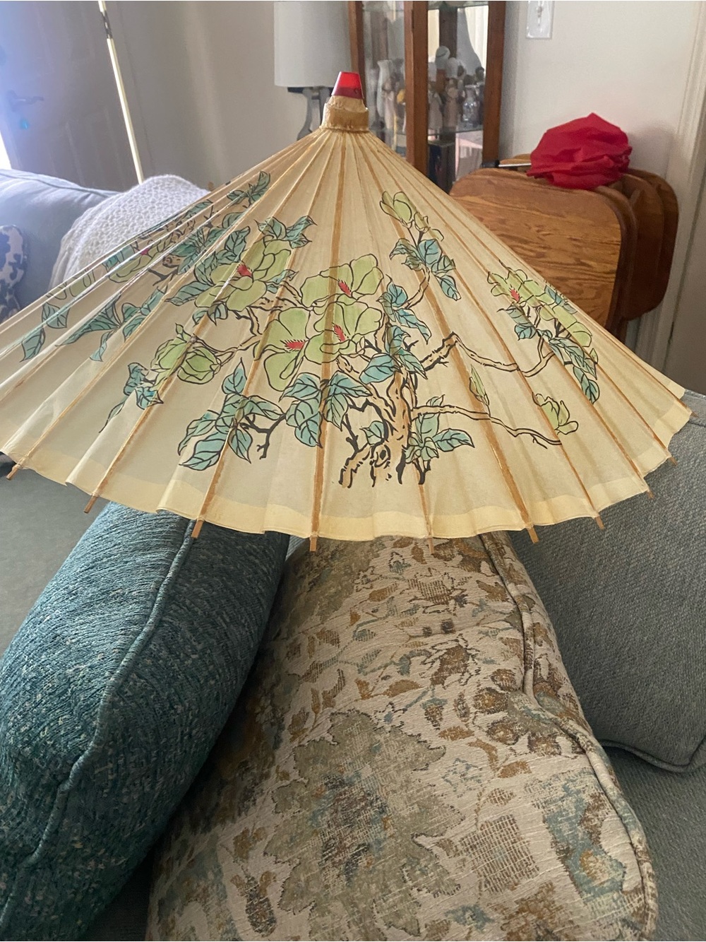 Hand-Painted Asian Parasol Umbrella in Cream and Green